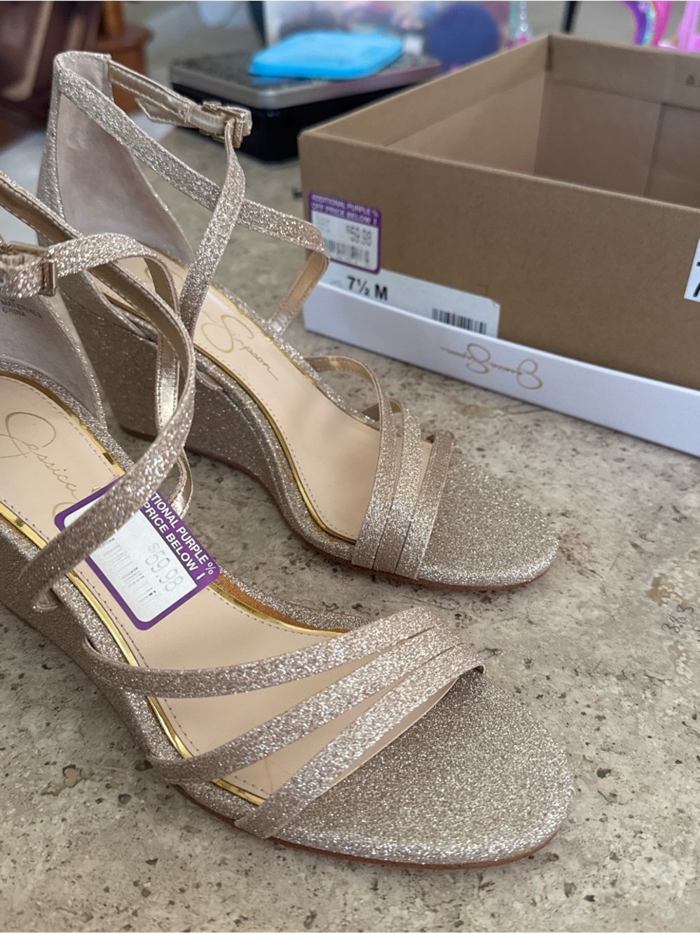 Jessica Simpson Glitter Strappy Block Heel Sandals - Gold 7 1/2